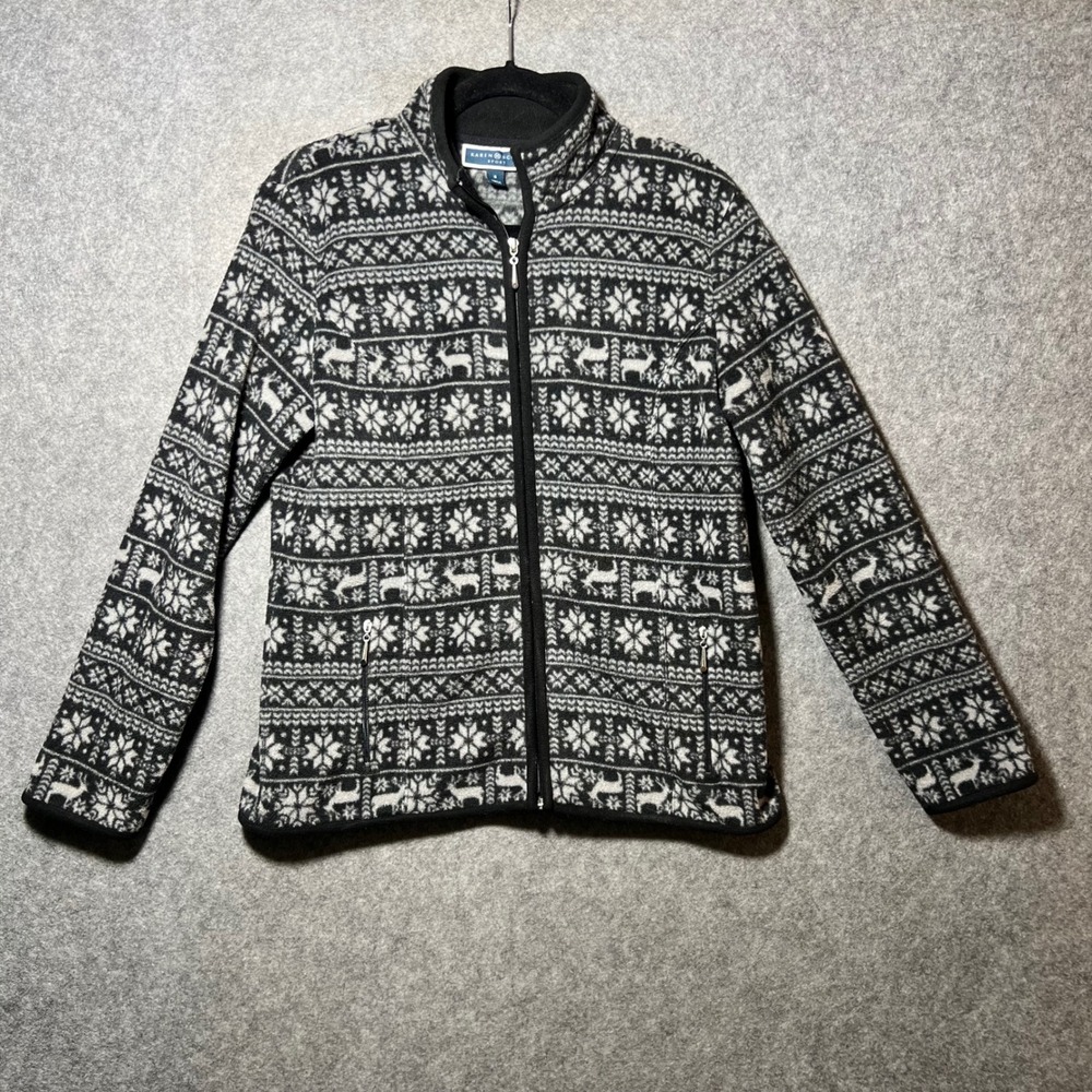 Karen Scott Sport Womens Small Black White Fair Isle Reindeer Fleece Zip Jacket